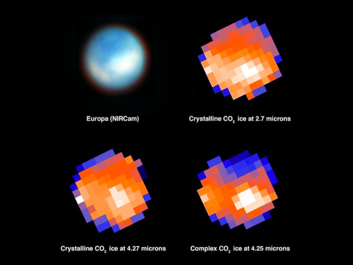 Karte der Oberfläche Europas: (l.o) mit der NIRCam (Nahinfrarotkamera) aufgenommen; (r.o) die weißen Pixel zeigen das Kohlendioxid in der großräumigen Region des zerrütteten Chaos-Terrains; (l.u.) Hinweise auf kristallines Kohlendioxid; (r.u.) komplexierte und amorphe Form von Kohlendioxid (credits: NASA, ESA, CSA, G. Villanueva (NASA/GSFC), S. Trumbo (Cornell Univ.), A. Pagan (STScI)).